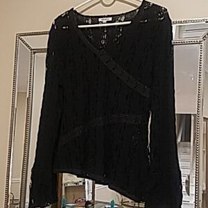 Terranostra Black Lace Laced Asymmetrical Long Sleeve Top